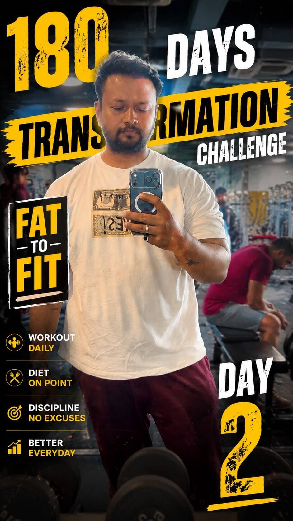 Day 2 ✅
Workout karna mere liye kabhi problem nahi tha.
Asli challenge hai har din discipline maintain karna.
Roz gym jaana ek habit ban chuki hai…
Lekin transformation ke liye sirf workout enough nahi hota.
Consistency har din dikhani padti hai.
Har decision important hota hai.
Aaj ka weight 101.6 KGs ⚖️
Kal se thoda better…
Aur yehi choti choti progress mujhe 180 days ke end tak le jayegi.
Ab focus sirf ek cheez par hai…
Har din apne aap ka better version banna.
Day 2 complete.
178 days to go.
Ab ek question tumhare liye 👇
Tumhari fitness journey ka biggest challenge kya hai?
Consistency… discipline… ya motivation?
Comment karke batao.
#180DaysChallenge #FatToFit #weightlossjourney