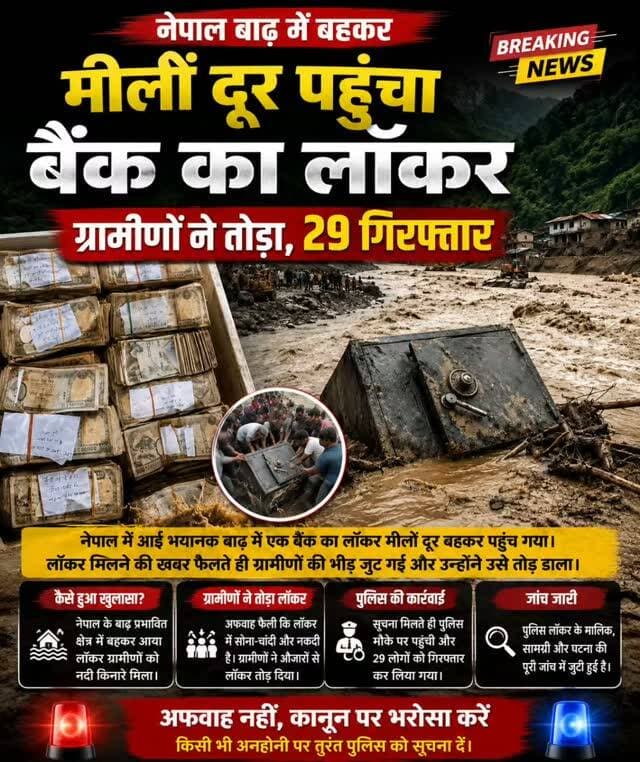 नेपाल बाढ़ में बहकर मीलों दूर पहुंचा बैंक का लॉकर, ग्रामीणों ने तोड़ा, 29 गिरफ्तार........