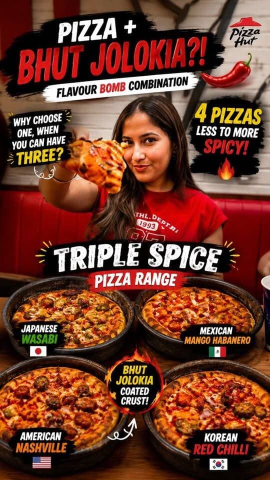 4 flavours, one flavour bomb! 🍕🌶️ Which one would you try first? 👀 #pizza #chasingflavours #dehradunfoodie #pizzahut #spicypizza #bhootjholakia