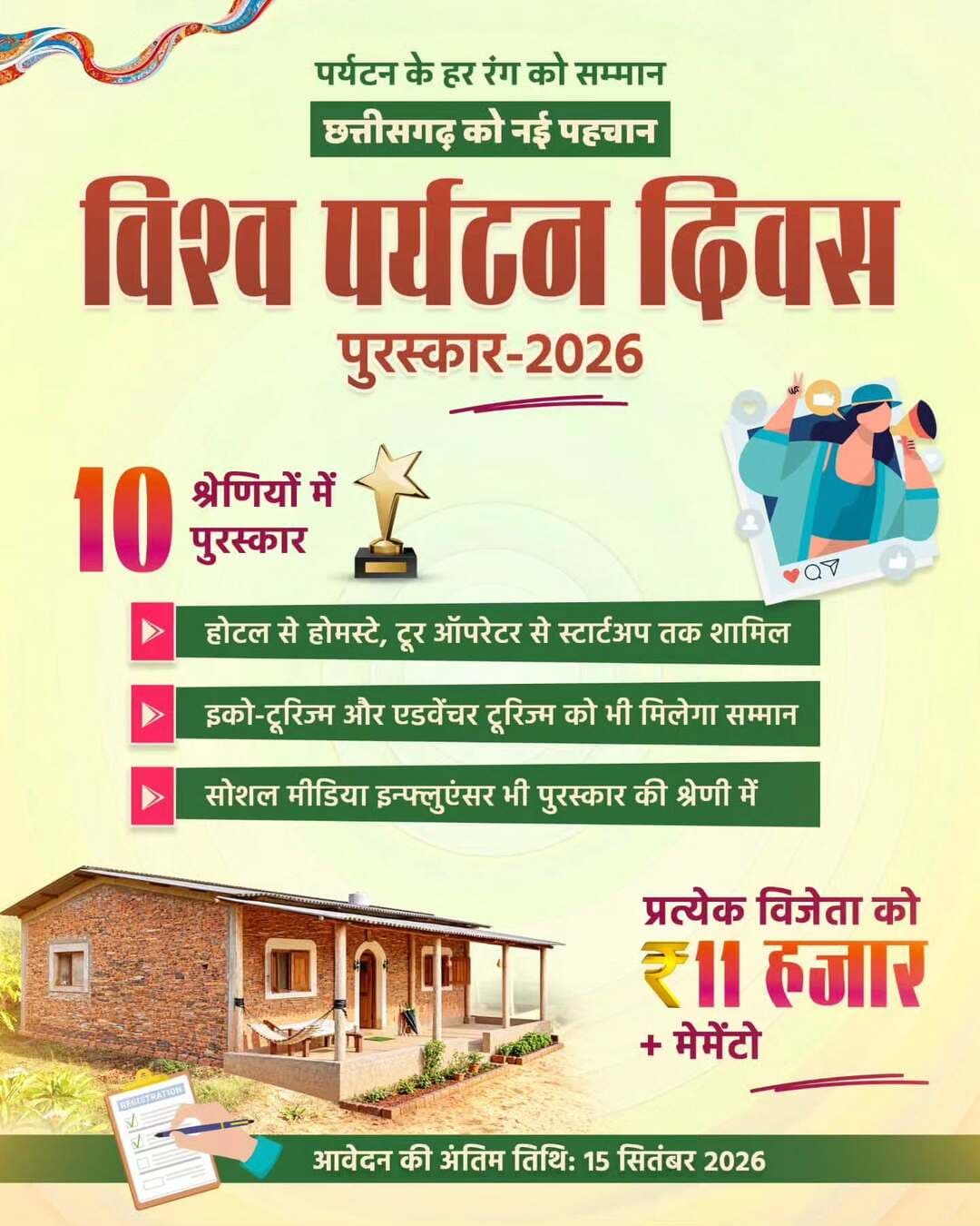 छत्तीसगढ़ के पर्यटन क्षेत्र में उत्कृष्ट कार्य, नवाचार और योगदान को सम्मानित करने के लिए विश्व पर्यटन दिवस पुरस्कार-2026 का आयोजन किया जा रहा है।
होटल, होमस्टे, टूर ऑपरेटर, स्टार्टअप, इको-टूरिज्म, एडवेंचर टूरिज्म और सोशल मीडिया इन्फ्लुएंसर सहित 10 श्रेणियों में उत्कृष्ट कार्य करने वालों को सम्मानित किया जाएगा।
प्रत्येक विजेता को ₹11 हजार की पुरस्कार राशि एवं मेमेंटो प्रदान किया जाएगा।