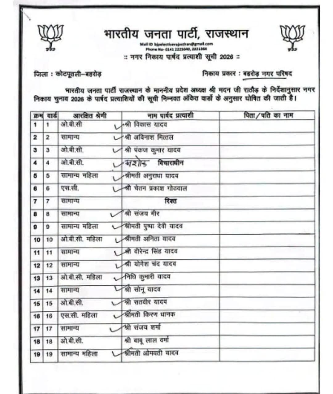 बहरोड़ में बीजेपी के प्रत्याशी तय
