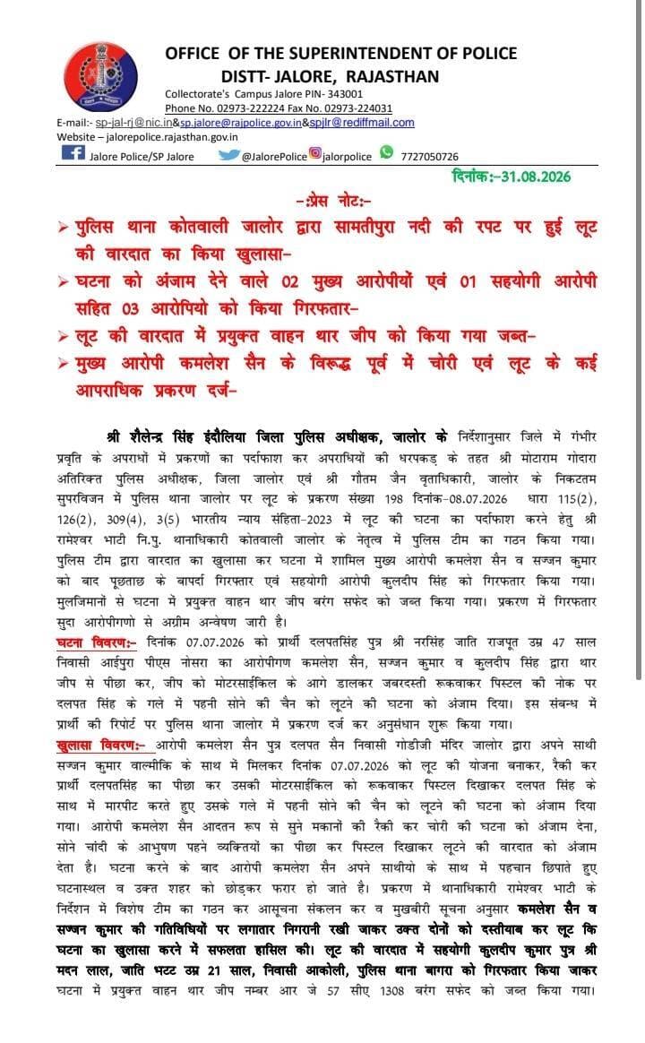 पुलिस थाना कोतवाली जालोर द्वारा सामतीपुरा नदी की रपट पर हुई लूट की वारदात का किया खुलासा। घटना को अंजाम देने वाले 2 मुख्य आरोपीयों एवं 1 सहयोगी आरोपी सहित 3 आरोपियो को किया गि#रफतार। लूट की वारदात में प्रयुक्त वाहन थार जीप को किया जब्त। मुख्य आरोपी कमलेश सैन के विरूद्ध पूर्व में चोरी एवं लूट के कई आपराधिक प्रकरण दर्ज।