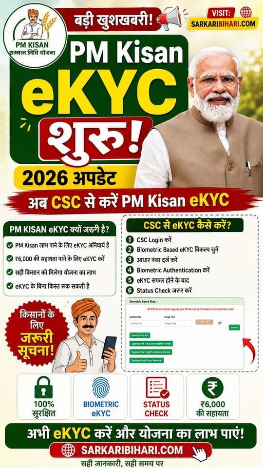 🚨 PM Kisan eKYC को लेकर बड़ी खबर! 🌾💰
अब किसान CSC केंद्र से PM Kisan eKYC करा सकते हैं। अगर आप PM Kisan सम्मान निधि योजना का लाभ लेते हैं, तो eKYC जरूर पूरा करें। ✅
💰 ₹6,000 सालाना सहायता पाने के लिए eKYC जरूरी
👆 Biometric eKYC की सुविधा
📱 CSC से आसानी से eKYC कराएं
🔎 eKYC के बाद Status जरूर Check करें
👉 पूरी जानकारी और eKYC करने का तरीका जानने के लिए विजिट करें: SarkariBihari.com
📢 इस पोस्ट को अपने किसान भाइयों तक जरूर शेयर करें!
#PMKisan #PMKisanYojana #PMKisanEKYC #PMKisanUpdate #eKYC PMO India