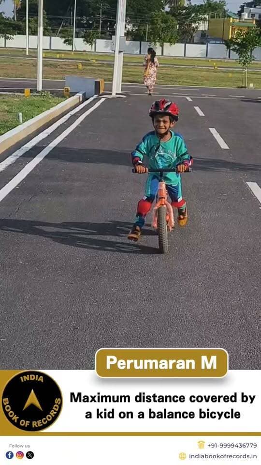 3-Year-Old Covers 5.17 KM on a Balance Bicycle!
Perumaran M from Coimbatore covered 5.17 km on a balance bicycle in 40 minutes and 11 seconds at just 3 years of age, earning recognition from the India Book of Records.
#indiabookofrecords #perumaranm #balancebicycle #youngachiever #kidsrecord #recordholder #ibr