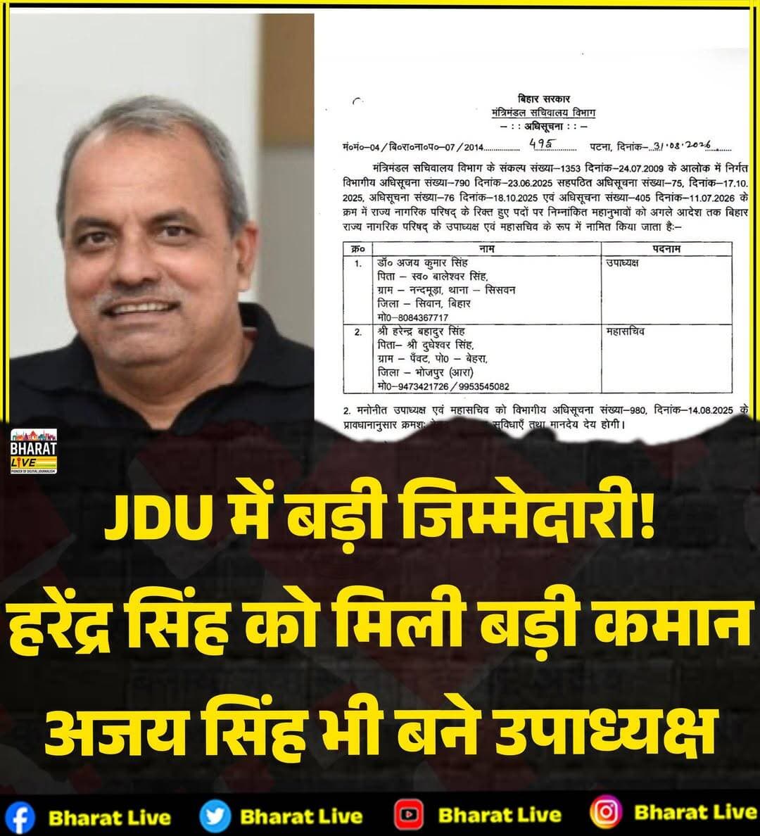 JDU में बड़ी जिम्मेदारी!
हरेंद्र सिंह को मिली बड़ी कमान
अजय सिंह भी बने उपाध्यक्ष