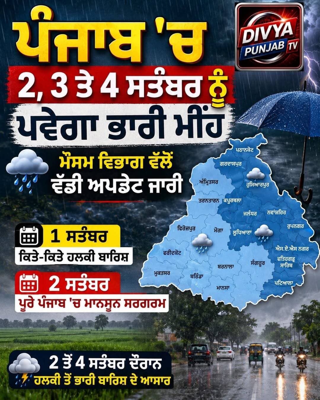 ਪੰਜਾਬ ''ਚ 2, 3 ਤੇ 4 ਸਤੰਬਰ ਨੂੰ ਪਵੇਗਾ ਭਾਰੀ ਮੀਂਹ, ਮੌਸਮ ਵਿਭਾਗ ਵੱਲੋਂ ਵੱਡੀ ਅਪਡੇਟ ਜਾਰੀ <nis:link nis:type=tag nis:id=punjabinews nis:value=PunjabiNews nis:enabled=true nis:link/>