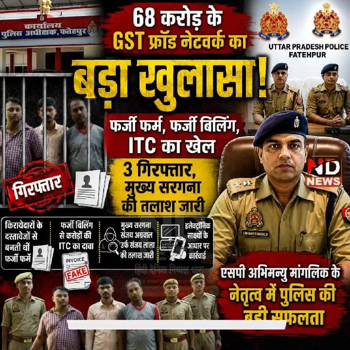 फतेहपुर:SP मांगलिक की बड़ी कार्यवाही,₹68 करोड़ का GST फर्जीवाड़ा! फर्जी फर्मों का बड़ा नेटवर्क बेनकाब, 3 गिरफ्तार
👇👇
फतेहपुर में कथित ₹68 करोड़ के GST और ITC फर्जीवाड़े का बड़ा खुलासा: लोगों के आधार-पैन और बैंक दस्तावेजों से बनाई गईं कथित शेल कंपनियां, फर्जी बिलिंग के जरिए करोड़ों के खेल का आरोप; पुलिस और राज्य कर विभाग की संयुक्त कार्रवाई में 3 गिरफ्तार, कथित मुख्य सरगना की तलाश जारी
👇👇👇
#Fatehpur #FatehpurNews #GSTFraud #ITCFraud #GSTScam #FakeGST #ShellCompanies #EconomicCrime #FinancialFraud #UPPolice #FatehpurPolice #GSTDepartment #BreakingNews #BigExpose #CrimeNews #CyberCrime #IndiaNews #UPNews #LatestNews #HindiNews #NDNEWS #दैनिकनिष्पक्षधारा #BreakingUpdate #Investigation #TrendingNews