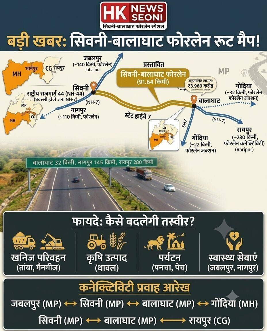 बड़ी खबर: सिवनी-बालाघाट फोरलेन रूट फाइनल! ₹3,960 करोड़ से बदलेगी महाकौशल की तस्वीर 🚀
मध्य प्रदेश, महाराष्ट्र और छत्तीसगढ़ के बीच आवागमन और व्यापार को गति देने के लिए 91.64 किमी लंबा सिवनी-बालाघाट फोरलेन (SH-7) बनने जा रहा है।
🛣️ परियोजना के मुख्य बिंदु:
🔹 कुल लंबाई: 91.64 किलोमीटर
🔹 अनुमानित लागत: ₹3,960 करोड़
🔹 सीधा जुड़ाव: सिवनी (NH-44) से बालाघाट होकर गोंदिया और रायपुर तक निर्बाध सफर
🌟 क्षेत्र को क्या होंगे बड़े फायदे?
अंतरराज्यीय कनेक्टिविटी: जबलपुर, नागपुर, गोंदिया और रायपुर पहुंचना अब और भी आसान व तेज होगा।
व्यापार एवं उद्योग: बालाघाट के तांबा और मैंगनीज खनिज परिवहन को रफ्तार मिलेगी।
कृषि विकास: धान उत्पादक किसानों और व्यापारियों के लिए बड़े बाजार खुलेंगे।
पर्यटन को बढ़ावा: पेंच और कान्हा नेशनल पार्क के बीच पर्यटकों का सफर सुगम होगा।
त्वरित स्वास्थ्य सेवाएं: नागपुर और जबलपुर के मेडिकल हब तक मरीजों को समय पर पहुंचाया जा सकेगा।
📲 जिले और प्रदेश की हर ताजा एवं सटीक खबर के लिए फॉलो करें: HK News Seoni
<nis:link nis:type=tag nis:id=hashtags: nis:value=Hashtags: nis:enabled=true nis:link/>
<nis:link nis:type=tag nis:id=hknewsseoni nis:value=HKNewsSeoni nis:enabled=true nis:link/> <nis:link nis:type=tag nis:id=seoninews nis:value=SeoniNews nis:enabled=true nis:link/> <nis:link nis:type=tag nis:id=balaghatnews nis:value=BalaghatNews nis:enabled=true nis:link/> <nis:link nis:type=tag nis:id=seonibalaghatfourlane nis:value=SeoniBalaghatFourlane nis:enabled=true nis:link/> <nis:link nis:type=tag nis:id=madhyapradesh nis:value=MadhyaPradesh nis:enabled=true nis:link/> <nis:link nis:type=tag nis:id=nh44 nis:value=NH44 nis:enabled=true nis:link/> <nis:link nis:type=tag nis:id=infraupdate nis:value=InfraUpdate nis:enabled=true nis:link/> <nis:link nis:type=tag nis:id=mpnews nis:value=MPNews nis:enabled=true nis:link/>