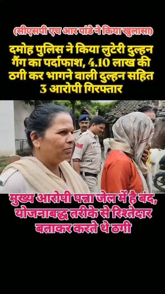 शादी के नाम पर 4.10 लाख की ठगी, लुटेरी दुल्हन सहित तीन गिरफ्तार; पति पन्ना जेल में बंद
दमोह। दमोह देहात थाना पुलिस ने शादी के नाम पर धोखाधड़ी कर 4.10 लाख रुपए हड़पने के मामले में लुटेरी दुल्हन सहित तीन आरोपियों को गिरफ्तार किया है। सीएसपी एचआर पांडे ने सोमवार दोपहर 2 बजे पुराना थाना स्थित कार्यालय में मामले का खुलासा किया। पुलिस के अनुसार बांसा तारखेड़ा निवासी दिनेश विश्वकर्मा से 1.70 लाख रुपए नकद और 2.40 लाख रुपए के जेवर लिए गए थे। 20 अप्रैल को रानगिर मंदिर में खुशबू राजपूत से उसकी शादी कराई गई थी। तीन दिन बाद मालती पटैल, खुशबू की बड़ी बहन बनकर उसे जबलपुर ले गई। इसके बाद खुशबू ने संपर्क नहीं किया। पुलिस ने नर्मदा पटैल, मालती पटैल और खुशबू को गिरफ्तार किया है, जबकि नीरज उर्फ धीरज पटैल पन्ना जेल में बंद है। आरोपियों से तीन मोबाइल और 7,700 रुपए बरामद किए गए।