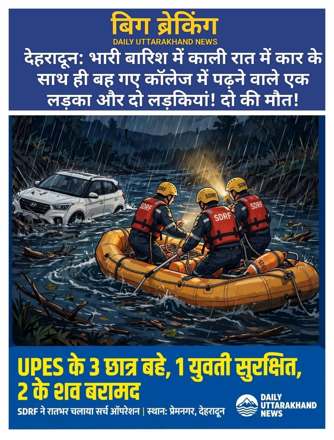 देहरादून: वीडियो देखें कमेंट बॉक्स में। दर्दनाक हादसे के बाद वह गए कॉलेज के तीन स्टूडेंट्स। दो की मौत।
प्रेमनगर क्षेत्र में देर रात तेज बरसाती बहाव के बीच एक क्रेटा कार बह गई। हादसे के समय वाहन में एक युवक और दो युवतियां सवार थीं। सूचना मिलने पर SDRF की टीम ने रातभर चुनौतीपूर्ण परिस्थितियों में सर्च एवं रेस्क्यू अभियान चलाया। करीब दो किलोमीटर दूर एक युवती घायल अवस्था में मिली, जिसे सुरक्षित रेस्क्यू कर पुलिस के सुपुर्द कर दिया गया। वहीं, वाहन में सवार युवक और एक अन्य युवती के शव बरामद कर लिए गए। वहीं, नदी में क्षतिग्रस्त क्रेटा कार के पास एक स्कॉर्पियो कार भी मिली, लेकिन उसमें किसी की उपस्थिति की पुष्टि नहीं हुई। बताया जा रहा है कि छात्र यूपीईएस यूनिवर्सिटी के बताए जा रहे हैं। फिर भी इसकी अभी आधिकारिक जानकारी मिलना बाकी है।
सर्चिंग अभियान के दौरान SDRF टीम को वाहन में सवार अक्षय पुत्र मुकेश, उम्र 20 वर्ष, निवासी जयपुर, राजस्थान का शव बरामद हुआ। इसके साथ ही एक अन्य युवती का शव भी बरामद कर लिया गया। दोनों शवों को आवश्यक कार्रवाई के लिए पुलिस के सुपुर्द कर दिया गया।
तेज बारिश और उफनते बरसाती बहाव के बीच SDRF जवानों ने पूरी रात अभियान जारी रखा। हादसे ने एक बार फिर बरसात के दौरान पहाड़ी और नदी-नालों से जुड़े मार्गों पर अचानक बढ़ने वाले जलप्रवाह के खतरे को सामने ला दिया है। फिलहाल पुलिस द्वारा मामले में आवश्यक कार्रवाई की जा रही है।