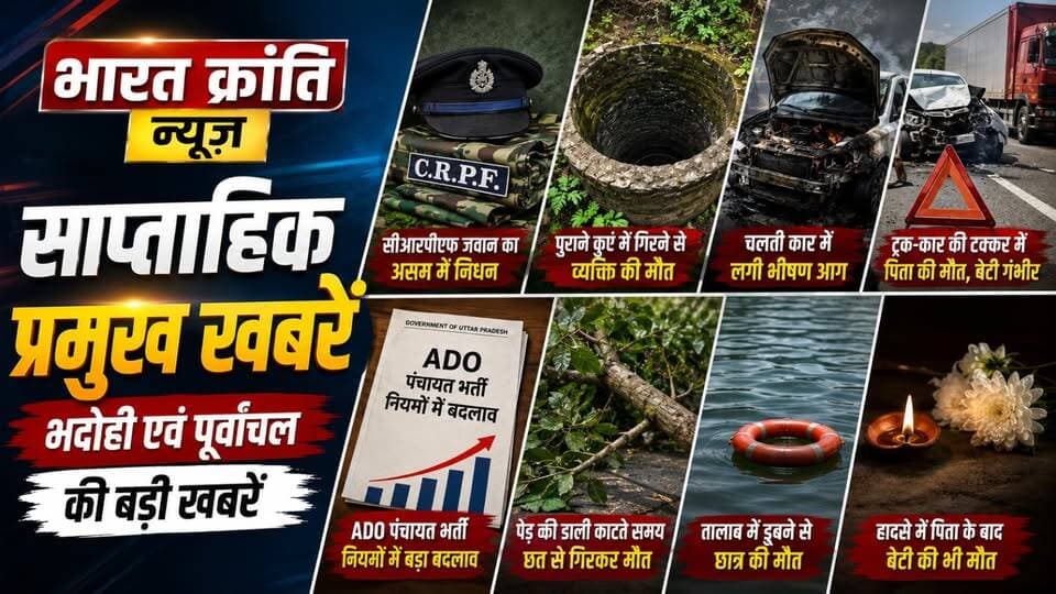 *भारत क्रांति न्यूज | साप्ताहिक प्रमुख खबरें*
भदोही और पूर्वांचल की सप्ताहभर की बड़ी खबरें एक नजर में 👇
🔴 *CRPF जवान बृजेश मौर्य का असम में निधन*, 22 वर्ष की उम्र में देश सेवा का सपना अधूरा रह गया।
🔴 *पुराने कुएं में गिरने से 40 वर्षीय रमेश बिंद की मौत*, रेस्क्यू और एंबुलेंस में देरी को लेकर ग्रामीणों ने उठाए सवाल।
🔴 *माधोसिंह ओवरब्रिज के पास चलती कार में लगी भीषण आग*, पिता-पुत्र ने समय रहते बाहर निकलकर बचाई जान।
🔴 *बेटी की विदाई कराकर लौट रहे पिता की हादसे में मौत*, इलाज के दौरान बेटी ने भी दम तोड़ा; रक्षाबंधन की खुशियां मातम में बदलीं।
🔴 *ADO पंचायत भर्ती नियमों में बड़ा बदलाव*, 50% पद सीधी भर्ती और 50% पद पदोन्नति से भरे जाएंगे।
🔴 *पेड़ की डाली काटते समय छत से गिरकर उमाशंकर बिंद की मौत*, परिवार में मचा कोहराम।
🔴 *तालाब में डूबने से 14 वर्षीय छात्र की मौत*, रक्षाबंधन से पहले परिवार ने खोया इकलौता बेटा।
🔴 *सड़क हादसे में पिता-बेटी की मौत*, शव घर पहुंचते ही परिवार में मची चीख-पुकार।
📲 *भदोही और पूर्वांचल की हर बड़ी खबर के लिए जुड़े रहें भारत क्रांति न्यूज के साथ।*
#भारतक्रांतिन्यूज #साप्ताहिकसमाचार #भदोहीन्यूज #BhadohiNews #पूर्वांचल #UPNews #उत्तरप्रदेश #BreakingNews #LatestNews