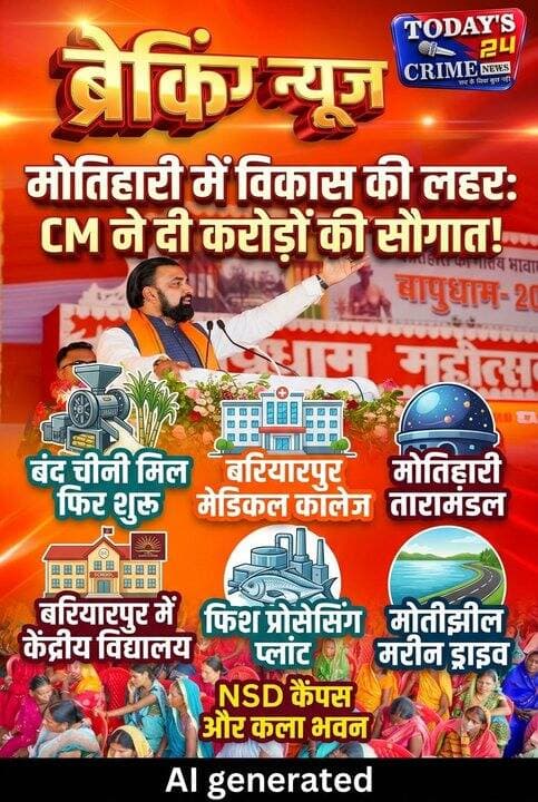 मोतिहारी में बंद चीनी मिल फिर शुरू करने की दिशा में जल्द शुरू होगा काम- CM.......बापूधाम महोत्सव में पूर्वी चंपारण को 285 करोड़ की 145 विकास योजनाओं की सौगात.......बरियारपुर में बनेगा मेडिकल कॉलेज, मोतिहारी में जल्द शुरू होगा तारामंडल का निर्माण........पीपराकोठी की जगह बरियारपुर में बनेगा केंद्रीय विद्यालय, आम लोगों की मांग पर फैसला.......मोतिहारी में मत्स्य समृद्धि क्लस्टर और फिश प्रोसेसिंग प्लांट का निर्माण जल्द.......मोतीझील के किनारे रोइंग क्लब से चिकनीघाट-अगरवा तक बनेगा मरीन ड्राइव.......मोतिहारी में अटल कला भवन और तेतरिया के कोठिया में बनेगा एक्वाकल्चर पार्क.......बिहार में खुलेगा NSD का नया कैंपस, राज्य सरकार देगी जमीन और निर्माण लागत का 50% हिस्सा।।।।।।
#motiharinews #amiteshkumar #motiharinewsupdate #Todays_24_Crime_News #motiharpolice