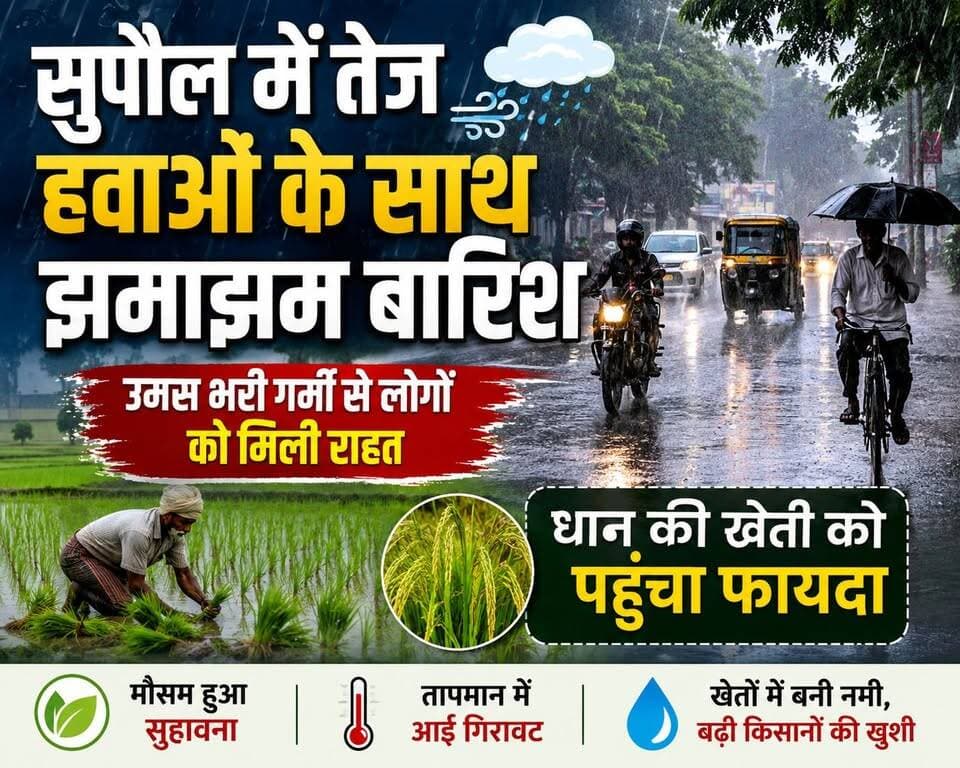 सुपौल में तेज हवाओं के साथ झमाझम बारिश, उमस भरी गर्मी से लोगों को मिली राहत; धान की खेती को फायदा