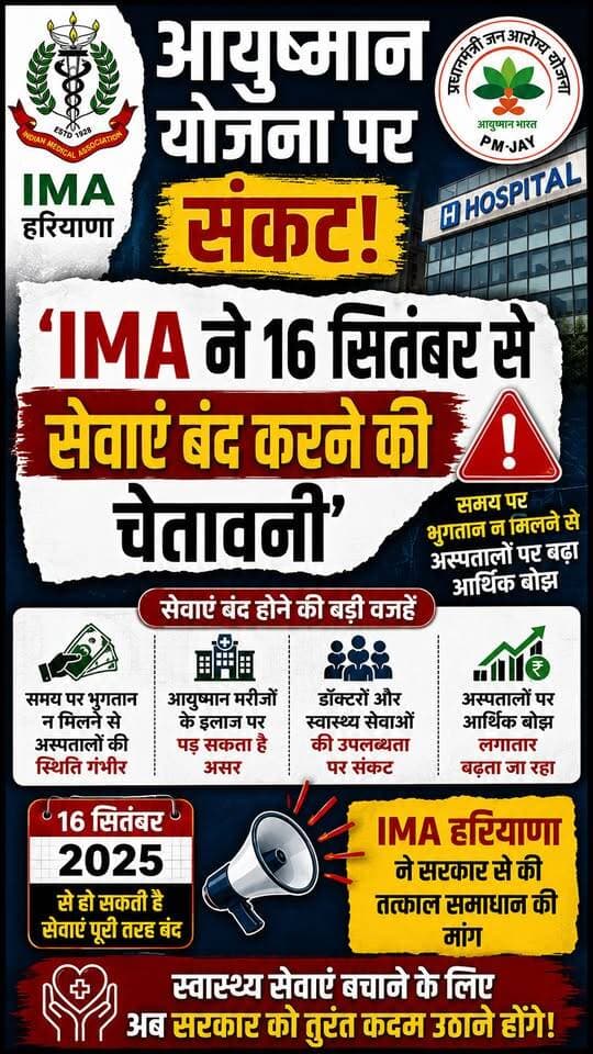 यमुनानगर.....16 सितंबर से आयुष्मान सेवाओं पर ब्रेक? IMA हरियाणा ने दी चेतावनी