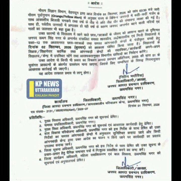 जिलाधिकारी उधम सिंह नगर का आदेश 2सितंबर26को आंगनवाड़ी एवं 1से12 तक स्कूलों में अवकाश घोषित #kichha #जिलाधिकारी उधम सिंह नगर