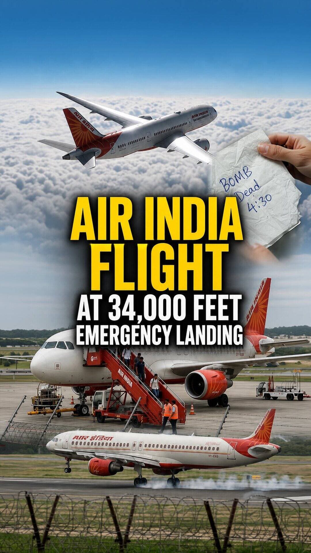 A bomb threat forced an Air India flight travelling from Dammam to Delhi to make an emergency landing in Amdavad while flying at around 34,000 feet.
A tissue carrying the message “BOMB DEAD 4:30” was reportedly found inside the aircraft’s washroom. The crew immediately alerted the pilot, following which the flight was diverted to Amdavad.
After landing, 32 passengers and 7 crew members were evacuated safely. The aircraft and baggage were thoroughly checked by the bomb squad and dog squad, but nothing suspicious was found.
Handwriting samples have now been collected to identify who wrote the message. After security checks were completed, the passengers were sent onward to Delhi.
( Air India, Bomb Threat, Emergency Landing, Amdavad Airport, Dammam Delhi Flight, Security Check)
#Amdavad #AirIndia #BombThreat #EmergencyLanding #AmdavadAirport