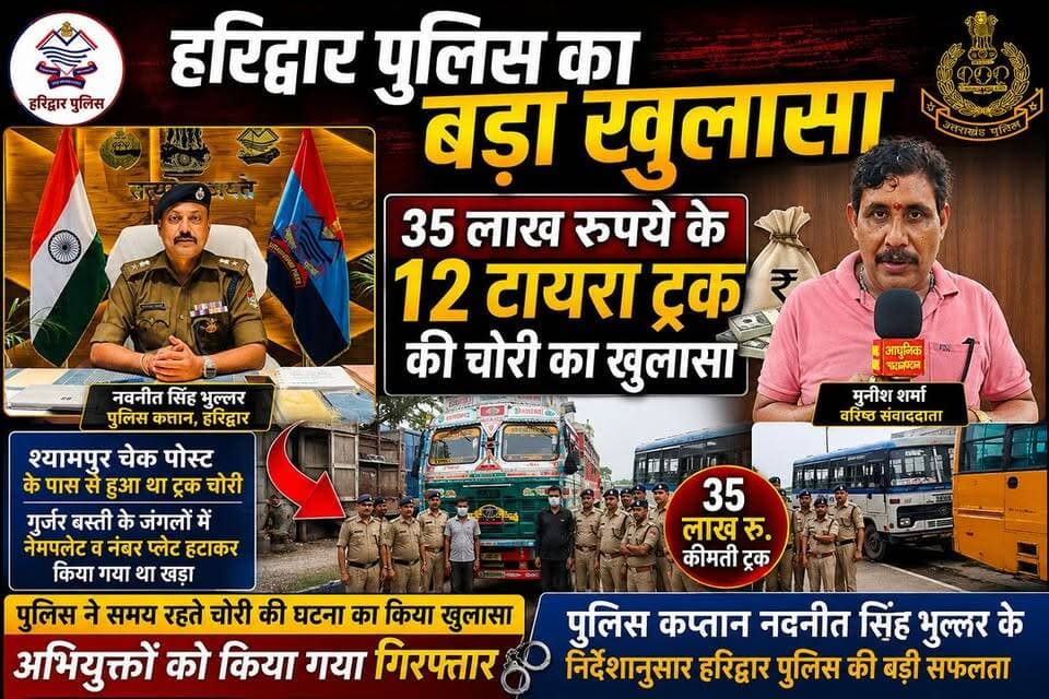 *35 लख रुपए की कीमत के 12 टायर ट्रक की चोरी की घटना का हरिद्वार पुलिस ने किया खुलासा*
*चोरी में सम्मिलित दो अभिक्तों को हरिद्वार पुलिस ने किया गिरफ्तार*
*वरिष्ठ पुलिस अधीक्षक नवनीत भुल्लर के निर्देशन में हरिद्वार पुलिस को मिली बड़ी सफलता*
*नंबर प्लेट हटाकर जंगल में खड़ा किया गया था ट्रक*
अखण्ड उत्तराखंड। Joint Magistrate Office Roorkee Haridwar Police Pushkar Singh Dhami Munish Sharma टीम पदम सिंह रोड Sonia Sharma टीम उमेश कुमार