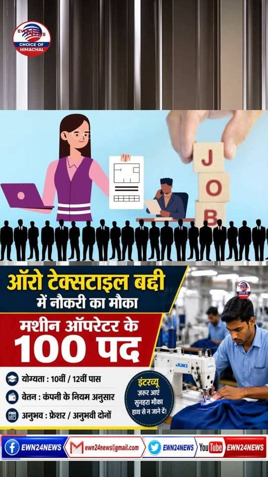 ऑरो टेक्सटाइल बद्दी में नौकरी ....
https://youtu.be/PQINTAnXbeQ
#ShimlaJobs #Rampur #CampusInterview #AuroTextile #HimachalJobs #JobVacancy2026 #ITICareers #SolanJobs #ewn24news #choiceofhimachal #EmploymentNews #HPGovtJobs