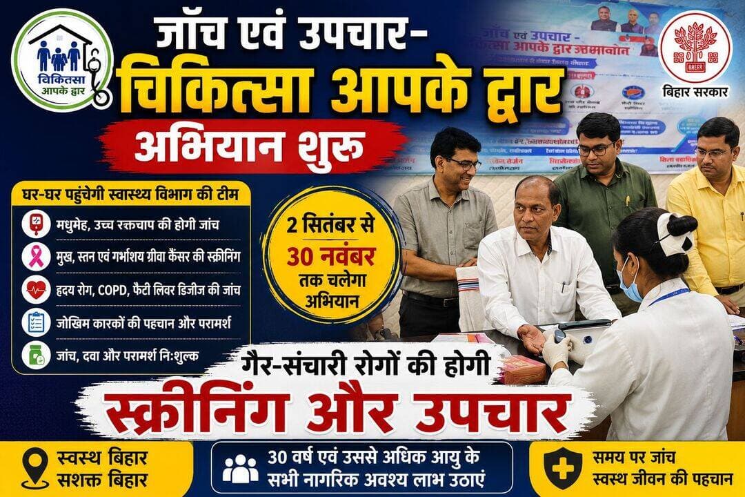 घर-घर पहुंचेगी स्वास्थ्य विभाग की टीम, होगी गंभीर बीमारियों की जांच
‘जांच एवं उपचार–चिकित्सा आपके द्वार’ अभियान शुरू, 30 नवंबर तक चलेगा विशेष अभियान
लखीसराय। गैर-संचारी रोगों (NCD) की समय पर पहचान, उपचार और प्रभावी प्रबंधन को लेकर स्वास्थ्य विभाग ने बुधवार से ‘जांच एवं उपचार–चिकित्सा आपके द्वार’ विशेष अभियान की शुरुआत की। राज्यस्तरीय कार्यक्रम का शुभारंभ मुख्यमंत्री ने पटना के ऊर्जा ऑडिटोरियम, राजवंशी नगर में किया। यह अभियान 2 सितंबर से 30 नवंबर 2026 तक चलेगा।
अभियान के तहत स्वास्थ्य विभाग की टीमें घर-घर पहुंचकर 30 वर्ष एवं उससे अधिक उम्र के लोगों की स्वास्थ्य जांच करेंगी। जांच के दौरान मधुमेह, उच्च रक्तचाप, मुख, स्तन एवं गर्भाशय ग्रीवा कैंसर, हृदय रोग, COPD और नॉन-अल्कोहलिक फैटी लिवर डिजीज समेत अन्य गैर-संचारी रोगों की स्क्रीनिंग की जाएगी।
जरूरत पड़ने पर मुफ्त जांच और दवा
स्वास्थ्य विभाग की ओर से अभियान के दौरान आवश्यकतानुसार CBC, ब्लड शुगर, HbA1c, लिपिड प्रोफाइल, लिवर एवं किडनी फंक्शन टेस्ट, ECG, T3, T4 और TSH समेत अन्य जांच की सुविधा निःशुल्क उपलब्ध कराई जाएगी। बीमारी की पुष्टि अथवा जोखिम पाए जाने पर मरीजों को आवश्यक दवा, उपचार और स्वास्थ्य परामर्श दिया जाएगा। गंभीर मरीजों को बेहतर इलाज के लिए उच्चतर स्वास्थ्य संस्थानों में रेफर किया जाएगा।
NCD पोर्टल पर दर्ज होगा मरीजों का डेटा
अभियान के दौरान जांच और उपचार से संबंधित मरीजों के आंकड़ों की प्रविष्टि NCD पोर्टल पर की जाएगी। इससे मरीजों की पहचान, उपचार और फॉलोअप की लगातार निगरानी की जा सकेगी। स्वास्थ्य कर्मी लोगों को गैर-संचारी रोगों से जुड़े जोखिम कारकों को कम करने के लिए भी जागरूक करेंगे।
लखीसराय में अधिकारियों ने की स्वास्थ्य जांच
लखीसराय जिले में अभियान का शुभारंभ जिला पदाधिकारी के मार्गदर्शन में किया गया। कार्यक्रम का शुभारंभ अपर समाहर्ता नीरज कुमार, उप विकास आयुक्त सुमित कुमार, सिविल सर्जन, 20 सूत्री सदस्य दीपक कुमार एवं जिला गैर-संचारी रोग पदाधिकारी ने संयुक्त रूप से किया।
इस दौरान अधिकारियों एवं जनप्रतिनिधियों ने स्वयं भी ब्लड प्रेशर, मधुमेह और ECG समेत आवश्यक स्वास्थ्य जांच कराई और लोगों को नियमित स्वास्थ्य जांच के लिए प्रेरित किया।
अधिकारियों ने कहा कि कई गैर-संचारी रोगों के शुरुआती चरण में स्पष्ट लक्षण दिखाई नहीं देते। ऐसे में नियमित स्क्रीनिंग से बीमारी की समय रहते पहचान कर उसका उपचार शुरू किया जा सकता है। जिला प्रशासन ने आम लोगों से अपील की है कि घर-घर पहुंचने वाली स्वास्थ्य टीमों को सहयोग करें और स्वयं तथा परिवार के सदस्यों की स्वास्थ्य जांच अवश्य कराएं।
समय पर जांच, समय पर उपचार और स्वस्थ जीवन के संकल्प के साथ शुरू किया गया यह अभियान जिले में गैर-संचारी रोगों की रोकथाम और प्रभावी उपचार की दिशा में अहम पहल माना जा रहा है।
