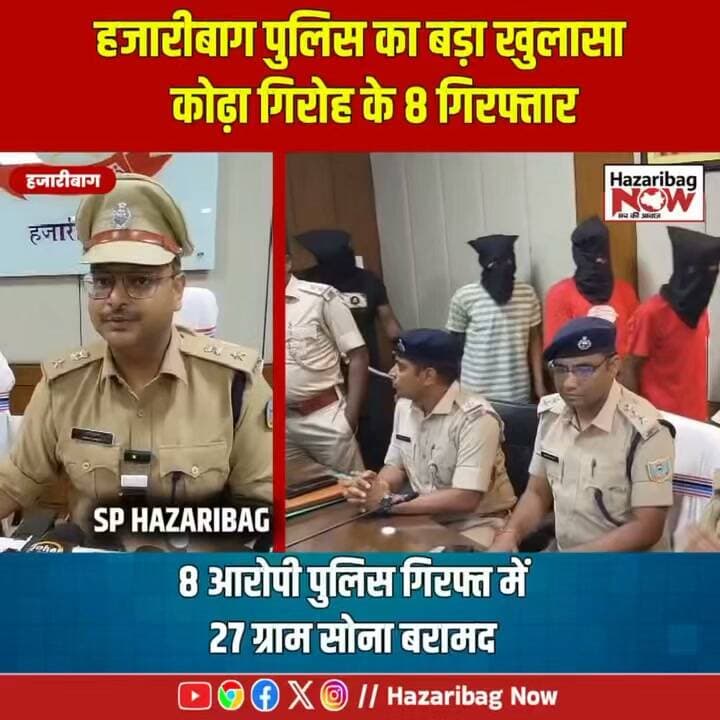 कोढ़ा गिरोह पर हजारीबाग पुलिस का शिकंजा
हजारीबाग पुलिस ने छिनतई के आरोप में आठ लोगों को गिरफ्तार किया है। पुलिस के अनुसार, सोने के आभूषण, चोरी की बाइक, मोबाइल और फर्जी नंबर प्लेट बरामद हुई हैं।
#Hazaribagh #HazaribaghPolice #JharkhandNews #CrimeNews #KodhaGang #PoliceAction #BreakingNews #HazaribaghNews