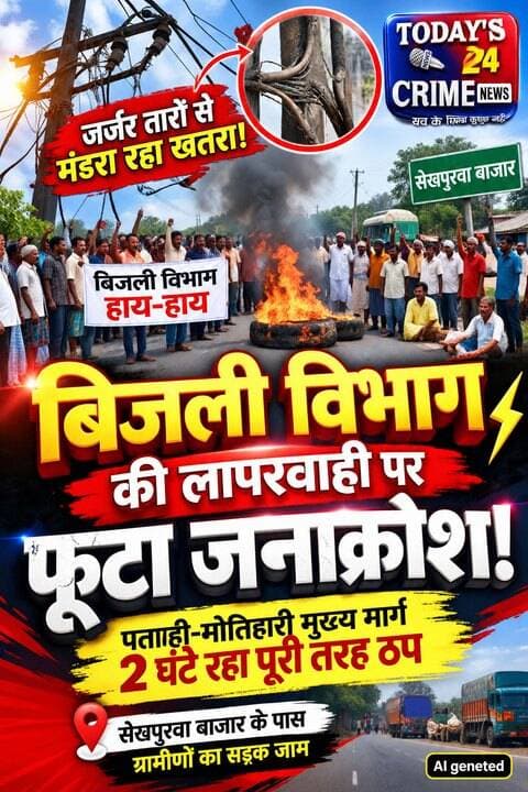 मोतिहारी जिले के पताही में बिजली विभाग की लापरवाही से परेशान लोगों का गुस्सा अब सड़क पर फूट पड़ा है... जर्जर तारों से लगातार मंडरा रहे खतरे के बीच ग्रामीणों ने ऐसा मोर्चा खोला कि पताही-मोतिहारी मुख्य मार्ग पर करीब दो घंटे तक पहिए थम गए। सेखपुरवा बाजार के पास ग्रामीणों ने सड़क जाम कर बिजली विभाग के खिलाफ जमकर प्रदर्शन किया।।।।।।।।।।।।
#motiharinews #amiteshkumar #motiharinewsupdate #Todays_24_Crime_News #motiharpolice