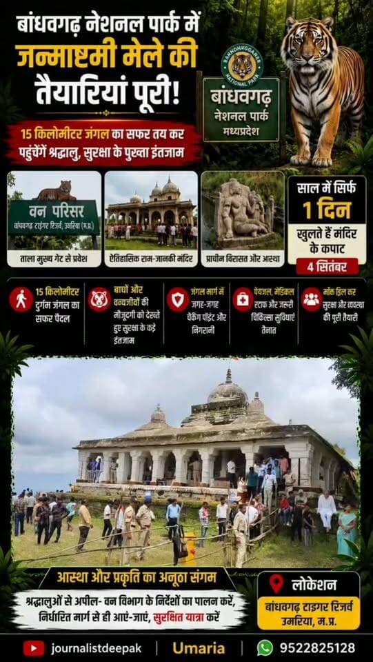 🛕आस्था का अनूठा सफर, जंगल के बीच रोमांच का अनुभव!
विश्व प्रसिद्ध बांधवगढ़ टाइगर रिजर्व में जन्माष्टमी मेले की तैयारियां पूरी हो चुकी हैं। 4 सितंबर को साल में सिर्फ एक दिन ऐतिहासिक बांधवाधीश राम-जानकी मंदिर के कपाट आम श्रद्धालुओं के लिए खोले जाएंगे।
दर्शन के लिए श्रद्धालुओं को करीब 15 किलोमीटर दुर्गम जंगल का सफर पैदल तय करना होगा। बाघों और वन्यजीवों के बीच सुरक्षा के भी पुख्ता इंतजाम किए गए हैं।
आस्था, प्रकृति और रोमांच के इस अनूठे संगम को देखने के लिए तैयार हो जाइए!
📍 बांधवगढ़ टाइगर रिजर्व | उमरिया | मध्य प्रदेश
#Bandhavgarh #BandhavgarhTigerReserve #BandhavgarhNationalPark #Umaria #MadhyaPradesh MPNews MPTourism MadhyaPradeshTourism NationalPark TigerReserve Wildlife Tiger Janmashtami KrishnaJanmashtami RamJanakiMandir बांधवगढ़ उमरिया मध्यप्रदेश जन्माष्टमी टाइगररिजर्व वन्यजीव NationalParkIndia IncredibleIndia JournalistDeepak