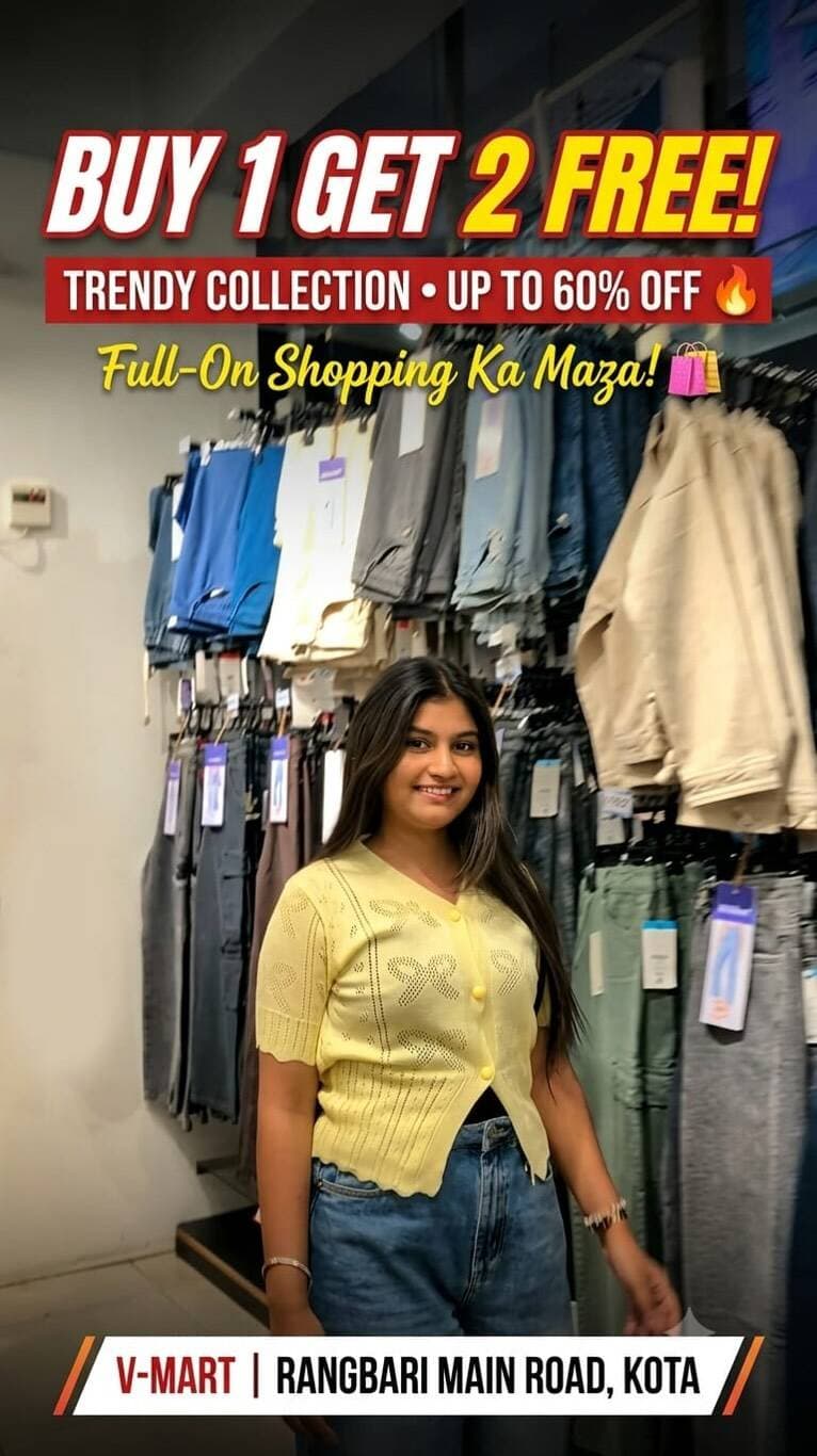 🔥 **BUY 1 GET 2 FREE!** 😍
Plus **UP TO 60% OFF** at V-Mart! 🛍️
📍 Rangbari Main Road, Kota
#VMartKota #Buy1Get2Free #KotaShopping #ShoppingOffer #Kota
