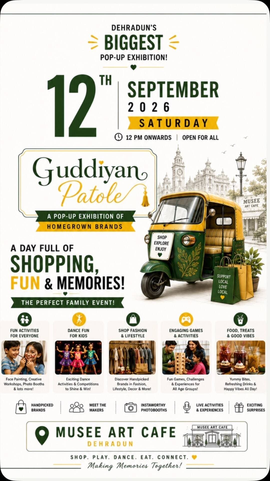 ✨ ONE DAY. ONE PLACE. SO MANY REASONS TO COME! ✨
What if your weekend plans included shopping, kids dancing, fun games, delicious treats, photo-worthy moments AND family time? ❤️
That’s Guddiyan Patole! 🛍️🎉
👗 Shop fashion & lifestyle
💃 Dance activities & competitions for kids
🎨 Fun & creative activities
🎯 Engaging games for ALL age groups
📸 Insta-worthy photobooths
🍰 Food, treats & good vibes
🎁 Surprises & exciting experiences
🤝 Discover & support homegrown brands
👨👩👧👦 Bring the whole family. Come for the shopping, stay for the fun!
📅 12 September 2026 | Saturday
📍 Musee Art Cafe, Dehradun
⏰ 12 PM onwards | Open for All
Shop. Play. Dance. Eat. Connect.
💚 Guddiyan Patole — where families make memories together!
Tag your shopping buddy + family squad 👇❤️
#GuddiyanPatole #DehradunEvents #Dehradun #FamilyEvent #DehradunShopping KidsActivities KidsDance PopUpExhibition ShopLocal HomegrownBrands WeekendInDehradun FamilyFun SeptemberEvents MuseeArtCafe