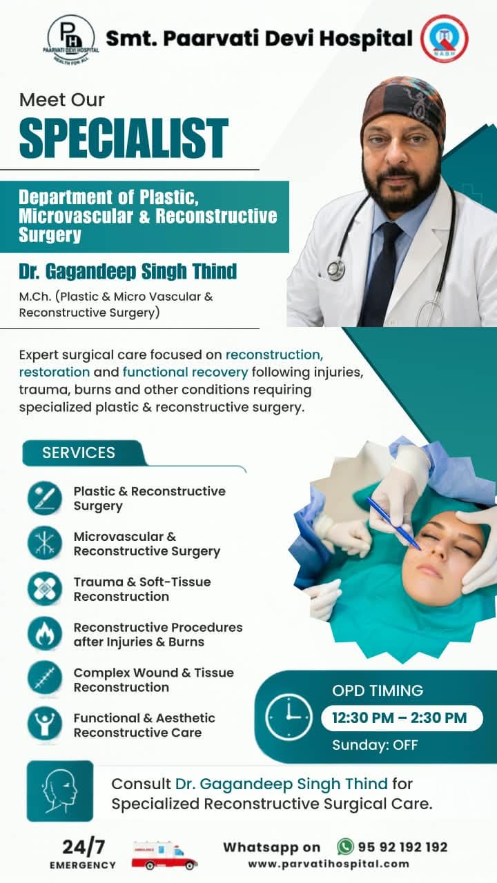 Smt. Paarvati Devi Hospital ਦੇ Dr. Gagandeep Singh Thind — ਪਲਾਸਟਿਕ, ਮਾਈਕ੍ਰੋਵੈਸਕੁਲਰ ਅਤੇ ਰੀਕੰਸਟ੍ਰਕਟਿਵ ਸਰਜਰੀ ਲਈ ਮਾਹਿਰ ਸਲਾਹ ਅਤੇ ਇਲਾਜ।