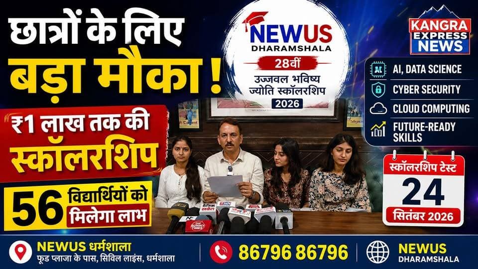 धर्मशाला में छात्रों के लिए बड़ा मौका! ₹1 लाख तक की स्कॉलरशिप, 56 विद्यार्थियों को मिलेगा लाभ |
Kangra Express
धर्मशाला : करियर बनाने का सपना देख रहे विद्यार्थियों के लिए बड़ी खबर है। NEWUS धर्मशाला ने अपनी 28वीं “उज्ज्वल भविष्य ज्योति स्कॉलरशिप 2026” के लिए आवेदन शुरू कर दिए हैं। इस अभियान के तहत 56 विद्यार्थियों को स्कॉलरशिप दी जाएगी, जिसमें अधिकतम ₹1 लाख तक का लाभ मिलेगा।
स्कॉलरशिप टेस्ट 24 सितंबर 2026 को आयोजित होगा। खास बात यह है कि स्कॉलरशिप में AI, Data Science, Cyber Security, Cloud Computing, Full Stack Development, FinTech और AI-enabled Digital Skills जैसे Future-Ready Career Programs को शामिल किया गया है।
संस्थान के निदेशक दिनेश शर्मा के अनुसार, आज के बदलते रोजगार बाजार में केवल डिग्री या सामान्य कंप्यूटर शिक्षा पर्याप्त नहीं है। विद्यार्थियों को Industry-Relevant और Practical Skills के साथ भविष्य की टेक्नोलॉजी के लिए तैयार करना जरूरी है।
स्कॉलरशिप में 1.5 वर्ष के प्रोग्राम पर ₹1 लाख तक, 1 वर्ष के प्रोग्राम पर ₹65 हजार तक और 6 महीने के प्रोग्राम पर ₹45 हजार तक का लाभ मिलेगा। इसके अलावा विशेष Z Category में केवल 3 विद्यार्थियों का चयन होगा, जिनसे Course Fee नहीं ली जाएगी।
वहीं, जो विद्यार्थी 24 सितंबर के टेस्ट से पहले Admission/Registration करवाते हैं, उनके लिए B Category का Scholarship Fee Offer सुरक्षित रहेगा। टेस्ट में बेहतर प्रदर्शन करने पर इसे A Category में अपग्रेड भी किया जा सकता है।
विद्यार्थियों की Career Counselling और Program Guidance के लिए NEWUS की काउंसलर अनामिका और प्रिया सहायता करेंगी।
📌 Scholarship Test: 24 सितंबर 2026
🎓 कुल लाभार्थी: 56 विद्यार्थी
💰 अधिकतम स्कॉलरशिप: ₹1 लाख
⭐ विशेष Z Category: 3 विद्यार्थी
📞 संपर्क: 86796 86796
📍 स्थान: फूड प्लाजा रेस्टोरेंट के पास, सिविल लाइंस, धर्मशाला