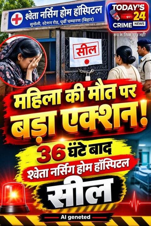 महिला की मौ*त पर बड़ा एक्शन! 36 घंटे बाद श्वेता नर्सिंग होम हॉस्पिटल सील
मोतिहारी जिले के सुगौली नगर के स्टेशन रोड स्थित श्वेता नर्सिंग होम हॉस्पिटल में इला*ज के दौरान महिला की मौ*त के मामले में प्रशासन ने बड़ी कार्र*वाई की है। घटना के करीब 36 घंटे बाद प्रशासनिक टीम ने अस्पताल को सील कर दिया। कार्र*वाई बीडीओ सह मजिस्ट्रेट नूतन किरण की मौजूदगी में की गई। मिली जानकारी के अनुसार, मंगलवार को अस्पताल में इला*ज के दौरान एक महिला की मौ*त हो गई थी। महिला की मौत के बाद परिजनों ने अस्पताल की व्यवस्था और इलाज को लेकर सवाल उठाते हुए अस्पताल सं*चालक के विरुद्ध सुगौली थाना में प्राथमिकी दर्ज कराई थी।।।।।।।।।।।।
#motiharinews #amiteshkumar #motiharinewsupdate #Todays_24_Crime_News #motiharpolice
