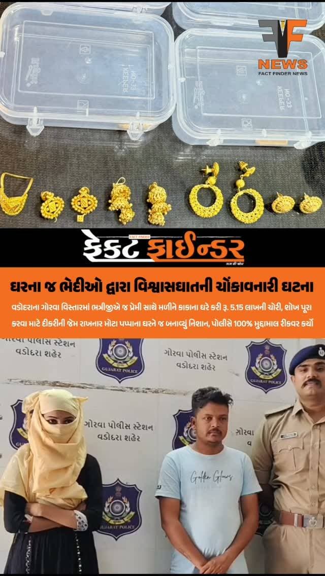 ઘરના જ ભેદીઓ દ્વારા વિશ્વાસઘાતની ચોંકાવનારી ઘટના
પકડાયેલા આરોપીઓની વિગત:
શ્રેયા ડૉ/ઓ છોટેલાલ તાલુદાર સિંગ (ઉ.વ. ૨૧): (રહે. મ.નં. એ/૬૭, સૌરભ પાર્ક સોસાયટી, સમતા ફ્લેટ પાસે, લક્ષ્મીપુરા, વડોદરા શહેર; મૂળ રહે. ઉદયભાનપુર, તા. બદલાપુર, જિ. જૌનપુર, ઉત્તર પ્રદેશ).
દીપકભાઇ લાલજીભાઇ વસાવા (ઉ.વ. ૩૨): (રહે. મ.નં. એ૧/૫૦૪, ઓમકાર રેસીડેન્સી, કોયલી, વડોદરા શહેર).
કબજે કરેલ મુદ્દામાલ: સોનાના કાનના ઝુમકા બુટી, સોનાની રીંગ, સોનાની કાનની બુટ્ટી, સોનાના કાનના ઝુમર અને સોનાની લગડી-૨ સહિત કુલ રૂ. ૫,૧૫,૦૦૦/- ની કિંમતના સોના-ચાંદીના દાગીના
#factfindernews #goldtheft #gorwapolice #arrestedvadodara #Crime