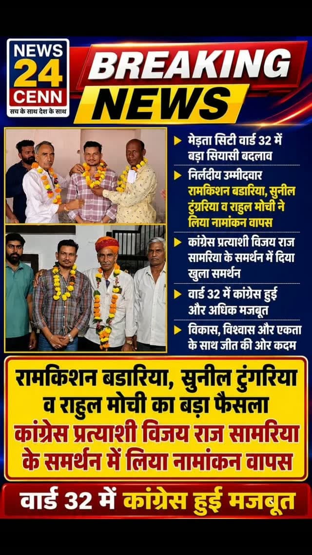 मेड़ता सिटी के वार्ड नंबर 32 में एक नहीं दो निर्दलीय प्रत्याशियों ने कांग्रेस को किया समर्थन, कांग्रेस प्रत्याशी विजय राज सामरिया हुए मजबूत