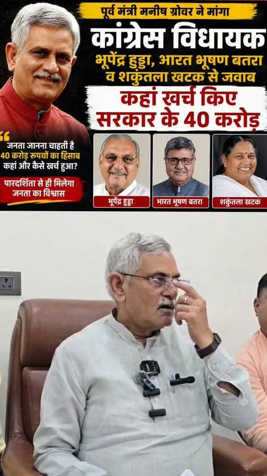सरकार भाजपा की, कांग्रेस विधायकों से मांगा 40 करोड़ का हिसाब #haryana #congress #manishgrover