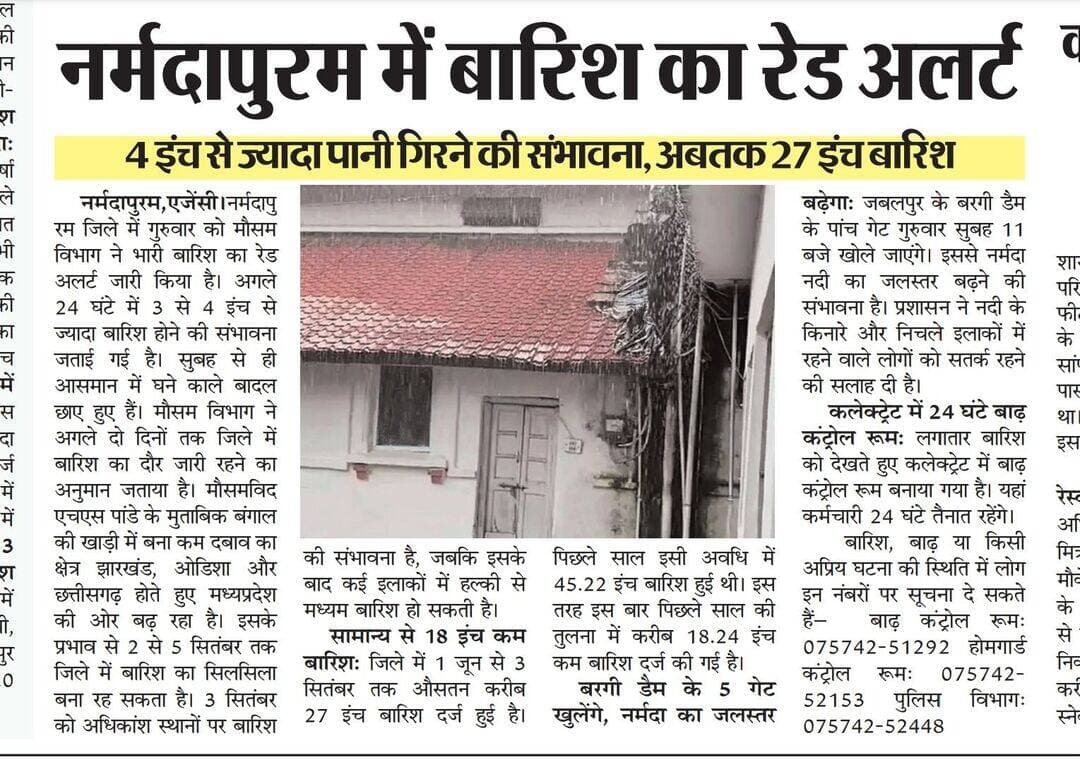 नर्मदापुरम में बारिश का रेड अलर्ट