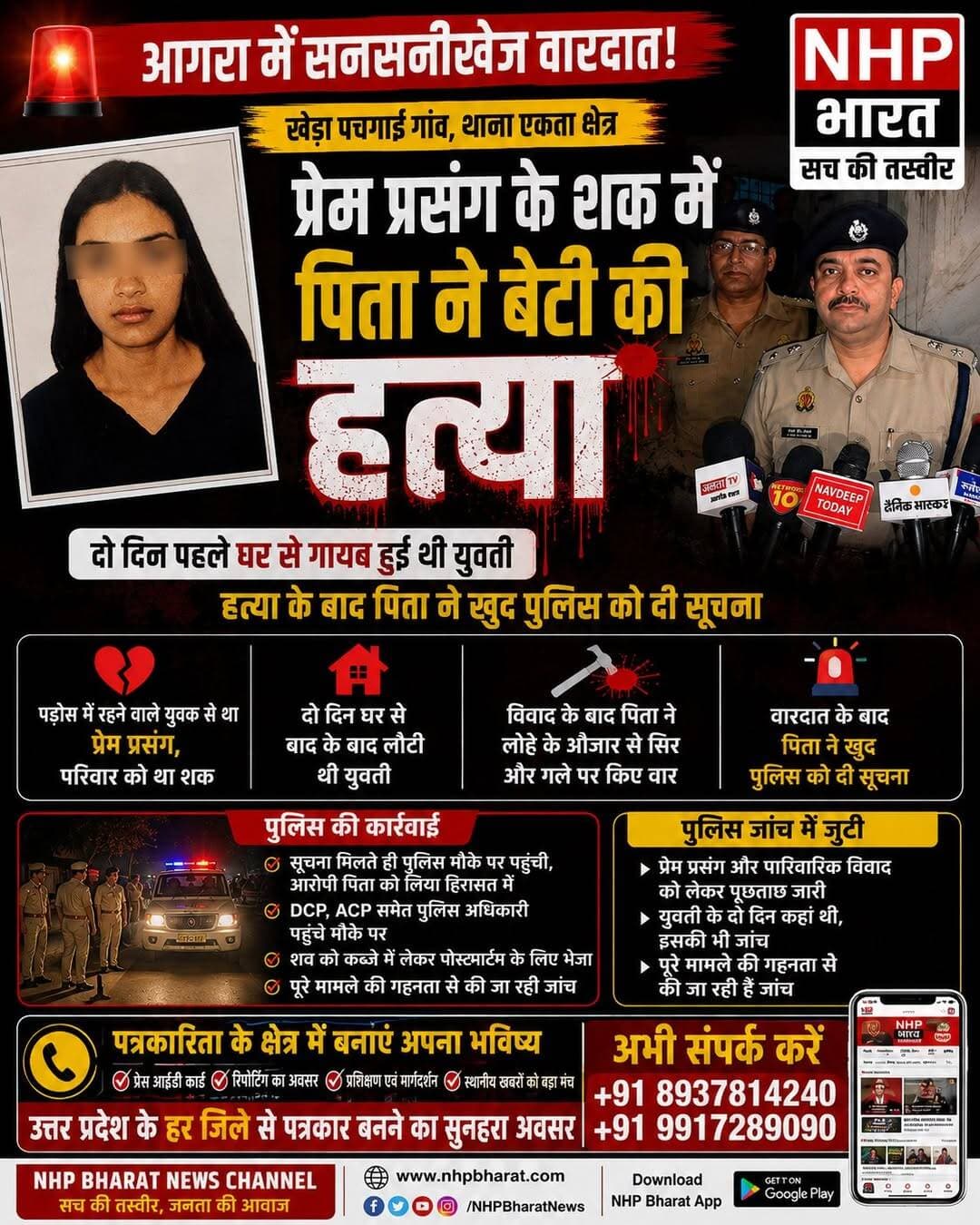 आगरा में कथित ऑनर किलिंग: दो दिन बाद घर लौटी बेटी की पिता ने की हत्या, वारदात के बाद खुद पुलिस को दी सूचना
आगरा। ताजनगरी आगरा से एक सनसनीखेज मामला सामने आया है। थाना एकता क्षेत्र के खेड़ा पचगाई गांव में एक पिता पर प्रेम प्रसंग के शक में अपनी बेटी की हत्या करने का आरोप है। प्रारंभिक जानकारी के अनुसार, युवती दो दिन पहले घर से गायब हुई थी और वापस लौटने के बाद पिता-पुत्री के बीच विवाद हुआ। आरोप है कि इसी दौरान पिता ने लोहे के औजार से बेटी पर हमला कर दिया, जिससे उसकी मौत हो गई।
<nis:link nis:type=tag nis:id=agra nis:value=agra nis:enabled=true nis:link/> <nis:link nis:type=tag nis:id=crime nis:value=crime nis:enabled=true nis:link/>