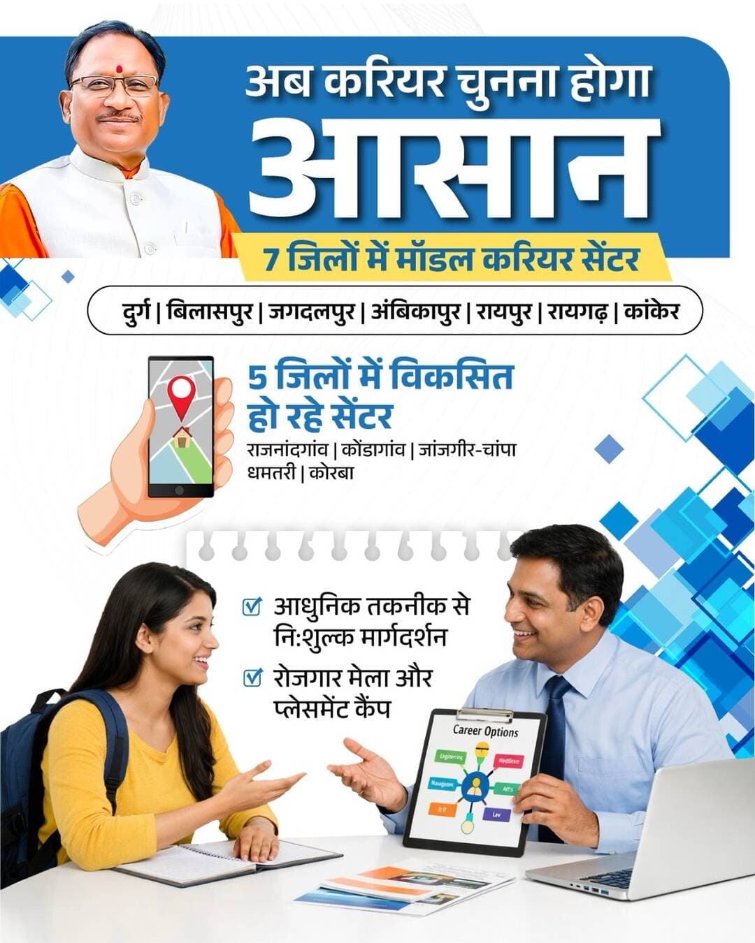मुख्यमंत्री श्री विष्णु देव साय के नेतृत्व में प्रदेश में मॉडल करियर सेंटर युवाओं को निःशुल्क मार्गदर्शन, रोजगार मेले एवं प्लेसमेंट की सुविधा प्रदान कर रहे हैं। नई पहल से युवा आत्मनिर्भर बनते हुए अपने उज्ज्वल भविष्य की ओर अग्रसर हो रहे हैं।