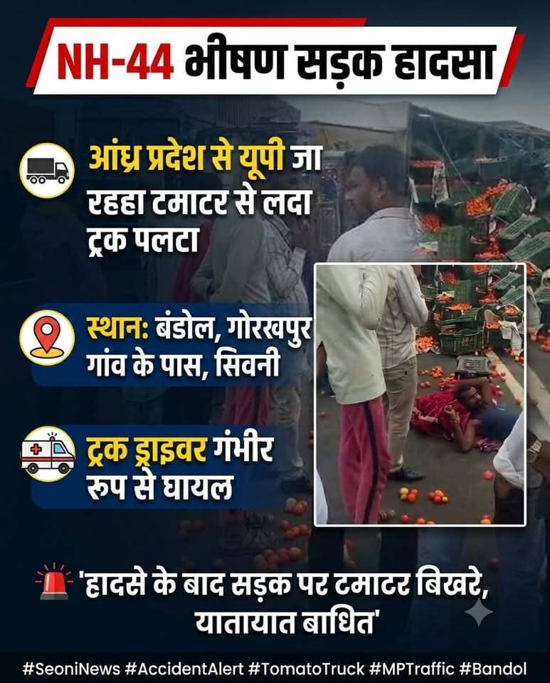NH-44 पर बड़ा हादसा: आंध्र प्रदेश से यूपी जा रहा टमाटर से भरा ट्रक बंडोल के गोरखपुर में पलटा, ड्राइवर घायल
सिवनी: बंडोल क्षेत्र में तेज रफ्तार ट्रक अनियंत्रित होकर पलटा, टमाटर की पेटियां सड़क पर बिखरीं
हैशटैग्स: #SeoniNews #NH44 #RoadAccident #Bandol #BreakingNews #MadhyaPradesh SEONI Police