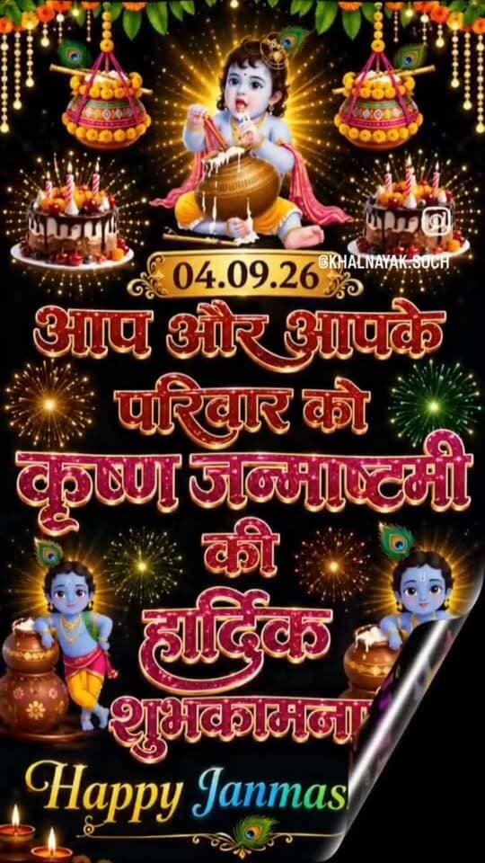 🌺🦚 श्रीकृष्ण जन्माष्टमी की हार्दिक शुभकामनाएँ 🦚🌺
ॐ देवकीसुत गोविन्द वासुदेव जगत्पते।
देहि मे तनयं कृष्ण त्वामहं शरणं गतः॥
भगवान श्रीकृष्ण का जीवन हमें प्रेम, धर्म, कर्म, सत्य और अन्याय के विरुद्ध खड़े होने की प्रेरणा देता है।
आइए, इस पावन अवसर पर हम अपने जीवन में सद्भाव, करुणा और निष्काम कर्म का मार्ग अपनाने का संकल्प लें।
✨ नंद के आनंद भयो, जय कन्हैया लाल की! ✨
आप और आपके परिवार पर श्रीकृष्ण की कृपा बनी रहे, जीवन में सुख, शांति, समृद्धि और आनंद का वास हो।
दैनिक साधना समाचार गुना ब्यूरो चीफ़ किशन कश्यप
मो.9098718522 #जय #कन्हैया# #लाल की#