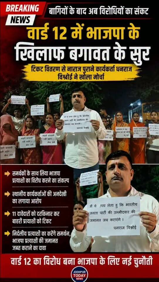 बागियों के बाद अब विरोधियों का संकट! वार्ड 12 में टिकट वितरण से नाराज भाजपा के पुराने कार्यकर्ता धनराज विश्नोई ने समर्थकों के साथ प्रदर्शन किया। उन्होंने भाजपा प्रत्याशी प्रियंका बाहेती का विरोध और निर्दलीय प्रत्याशी के समर्थन का संकल्प लिया। पार्टी नेतृत्व के सामने अब डैमेज कंट्रोल की चुनौती।
#jodhpur #jodhpurtodaynews #जोधपुर #वार्ड12 #BJPNEWS #भाजपा #धनराजविश्नोई #नगरनिगमचुनाव #राजस्थान
