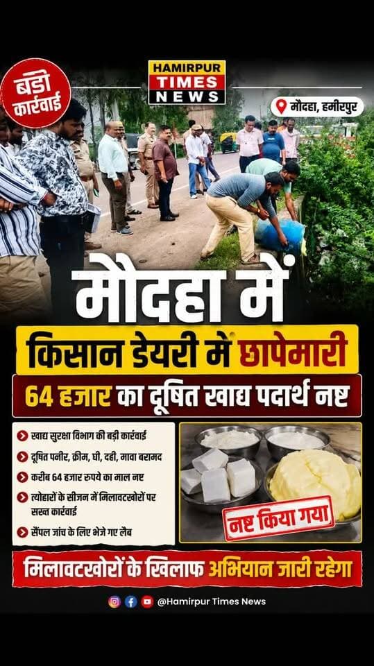 मौदहा में किसान दूध डेयरी में छापेमारी, 64 हजार का दूषित खाद्य पदार्थ नष्ट
मौदहा हमीरपुर।त्योहारों के सीजन में मिलावट खोरों पर अंकुश लगाने के उद्देश्य से कस्बे में खाद्य सुरक्षा विभाग ने बडी छापेमारी की है, इसके पहले रक्षाबंधन के समय भी होटलों में छापेमारी की जा चुकी है।जिलाधिकारी के निर्देश पर शुक्रवार को कस्बे में संचालित दूध डेयरियों में खाद्य सुरक्षा विभाग की टीम ने छापेमारी कर खाद्य पदार्थों की जांच की। कार्रवाई के दौरान दूषित एवं खाने योग्य नहीं पाए गए करीब 64 हजार रुपये मूल्य के खाद्य पदार्थों को मौके पर ही पास के बरेडी़ नाले मे नष्ट कराया गया। उपजिलाधिकारी करनवीर सिंह, मुख्य खाद्य सुरक्षा अधिकारी मनोज कुमार के नेतृत्व में क्षेत्राधिकारी राजकुमार पाण्डेय, खाद्य सुरक्षा अधिकारी मृत्युंजय कुमार, सहायक आयुक्त खाद्य द्वितीय गौरी शंकर, प्रभारी निरीक्षक संजय यादव एवं खाद्य सुरक्षा विभाग की टीम ने कानपुर-सागर रोड स्थित न्यू क