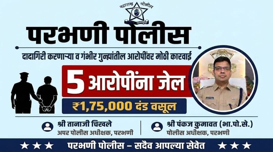 🚨 दादागिरीला नाही माफी – कायद्याचाच विजय! 🚨
सार्वजनिक शांतता व सुव्यवस्था अबाधित राखण्यासाठी परभणी पोलीस सातत्याने प्रतिबंधक कारवाई करत आहेत.
बॉंडच्या अटींचे उल्लंघन करणाऱ्या ५ आरोपींना न्यायालयीन कोठडीत (जेल) पाठविण्यात आले असून, संबंधित आरोपींकडून ₹१,७५,००० दंड देखील वसूल करण्यात आला आहे.
कायद्याचे उल्लंघन करणाऱ्यांवर कठोर कारवाई सुरूच राहील. परभणी पोलीस नागरिकांच्या सुरक्षिततेसाठी कटिबद्ध आहेत.
#ParbhaniPolice #MaharashtraPolice #LawAndOrder #ZeroTolerance #PublicSafety #CrimeControl #PreventiveAction #SafeParbhani #PoliceAction #RuleOfLaw #NoToGoondagiri #CitizenSafety #Justice #StaySafe #PoliceForPeople