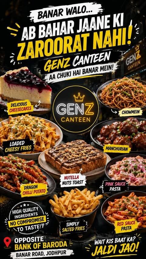 BANAR WALON, THIS ONE’S FOR YOU! 👀🔥
@genzcanteen.in = Cheesecakes 🍰 | Chowmein 🍜 | Loaded Fries 🧀🍟 | Manchurian 🌶️ | Pasta 🍝 | Nutella Toast 🍫 & MUCH MORE! 🤤
High-quality ingredients + no compromise on taste! ❤️🔥
📍Located - Opposite Bank of Baroda, Banar Road, Jodhpur
Tag your foodie partner 👇🏻
Ab wait kis baat ka? JALDI AAO! 🚀
✨ Follow @bhukkadlovers_ for more such content 🙌🏻
#bhukkadcommunity #viral #jodhpurblogger #genz #trending