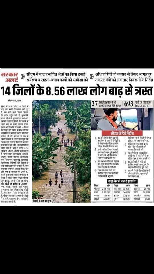 बिहार में बाढ़ का कहर: 14 जिलों में 8.56 लाख लोग प्रभावित।