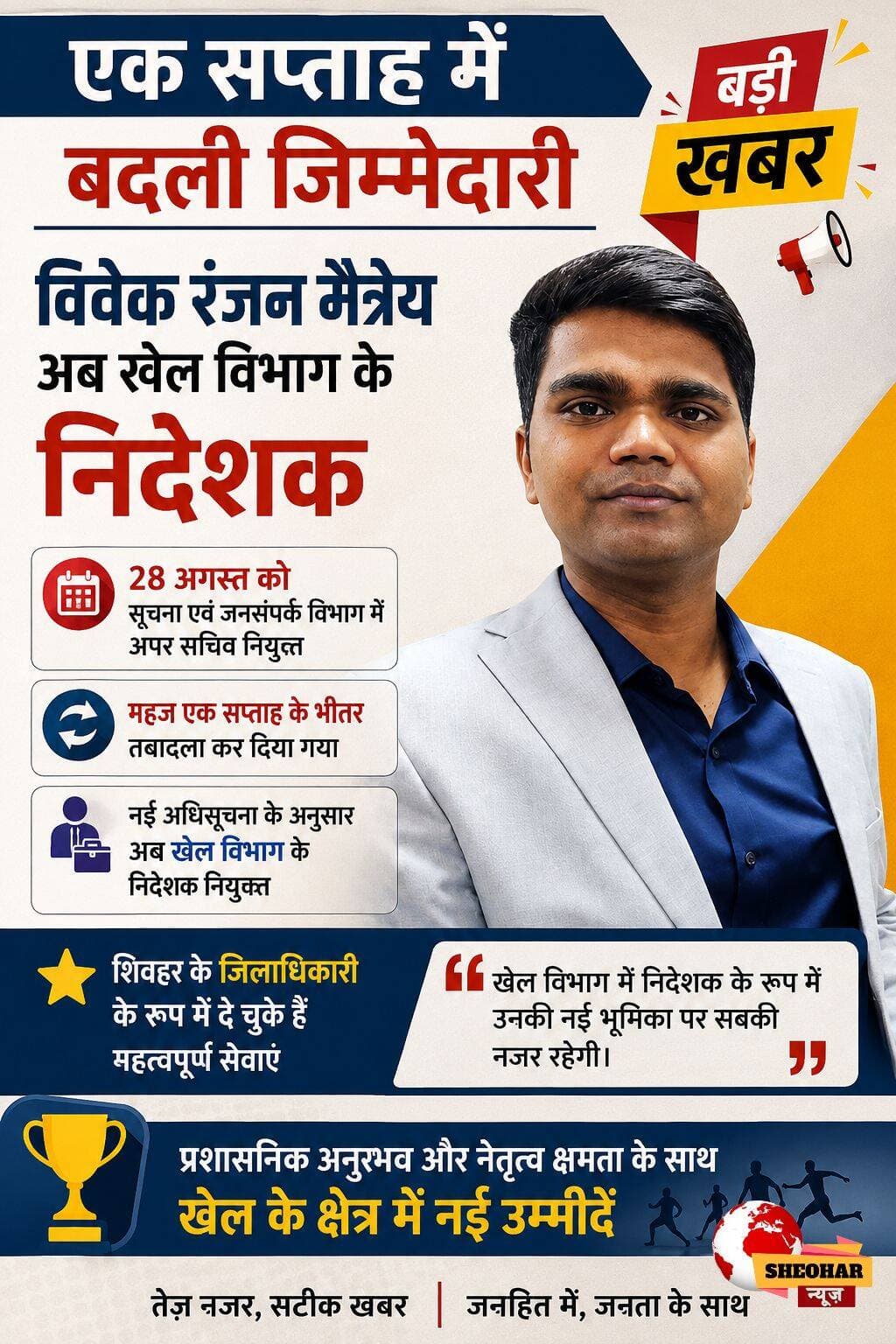 एक सप्ताह में बदली जिम्मेदारी, विवेक रंजन मैत्रेय अब खेल विभाग के निदेशक
--------------------------------
बिहार सरकार ने प्रशासनिक महकमे में बड़ा फेरबदल करते हुए विवेक रंजन मैत्रेय की जिम्मेदारी बदल दी है। 28 अगस्त को उन्हें सूचना एवं जनसंपर्क विभाग में अपर सचिव नियुक्त किया गया था, लेकिन महज एक सप्ताह के भीतर ही उनका तबादला कर दिया गया है।
नई अधिसूचना के अनुसार अब विवेक रंजन मैत्रेय को खेल विभाग का निदेशक बनाया गया है। उनकी नई जिम्मेदारी के साथ ही सूचना एवं जनसंपर्क विभाग में अपर सचिव के पद पर उनकी नियुक्ति समाप्त हो गई है।
विवेक रंजन मैत्रेय पहले शिवहर के जिलाधिकारी के रूप में भी अपनी सेवाएं दे चुके हैं। शिवहर में उनके कार्यकाल को लेकर वे स्थानीय स्तर पर काफी चर्चित रहे हैं। अब खेल विभाग में निदेशक के रूप में उनकी नई भूमिका पर सबकी नजर रहेगी।
Information & Public Relations Department, Government of Bihar BJP Bihar Deoc Sheohar District Administration Sheohar Sheohar Police Khel Vibhag Sheohar Press Trust of India - PTI Disaster Management Department Govt. of Bihar Bihar Police
