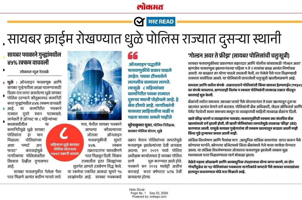 सायबर क्राईम रोखण्यात धुळे पोलिस राज्यात दुसऱ्या स्थानी.
चतुःसूत्रीने धडाकेबाज कामगिरी; गुन्ह्यांमधील ४५% रक्कम वाचवली.
