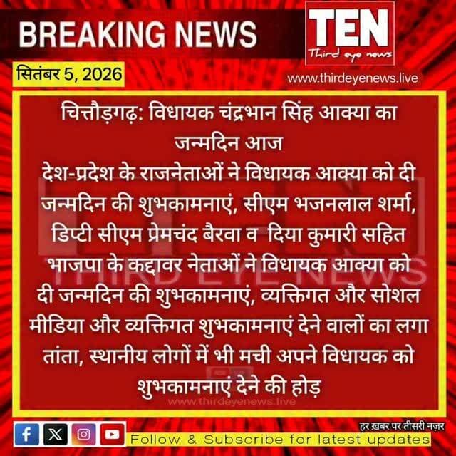 Chittorgarh: विधायक चंद्रभान सिंह आक्या का जन्मदिन आज, देश-प्रदेश के राजनेताओं ने विधायक आक्या को दी जन्मदिन की शुभकामनाएं
#chittorgarhnews #newsupdate #latestnews