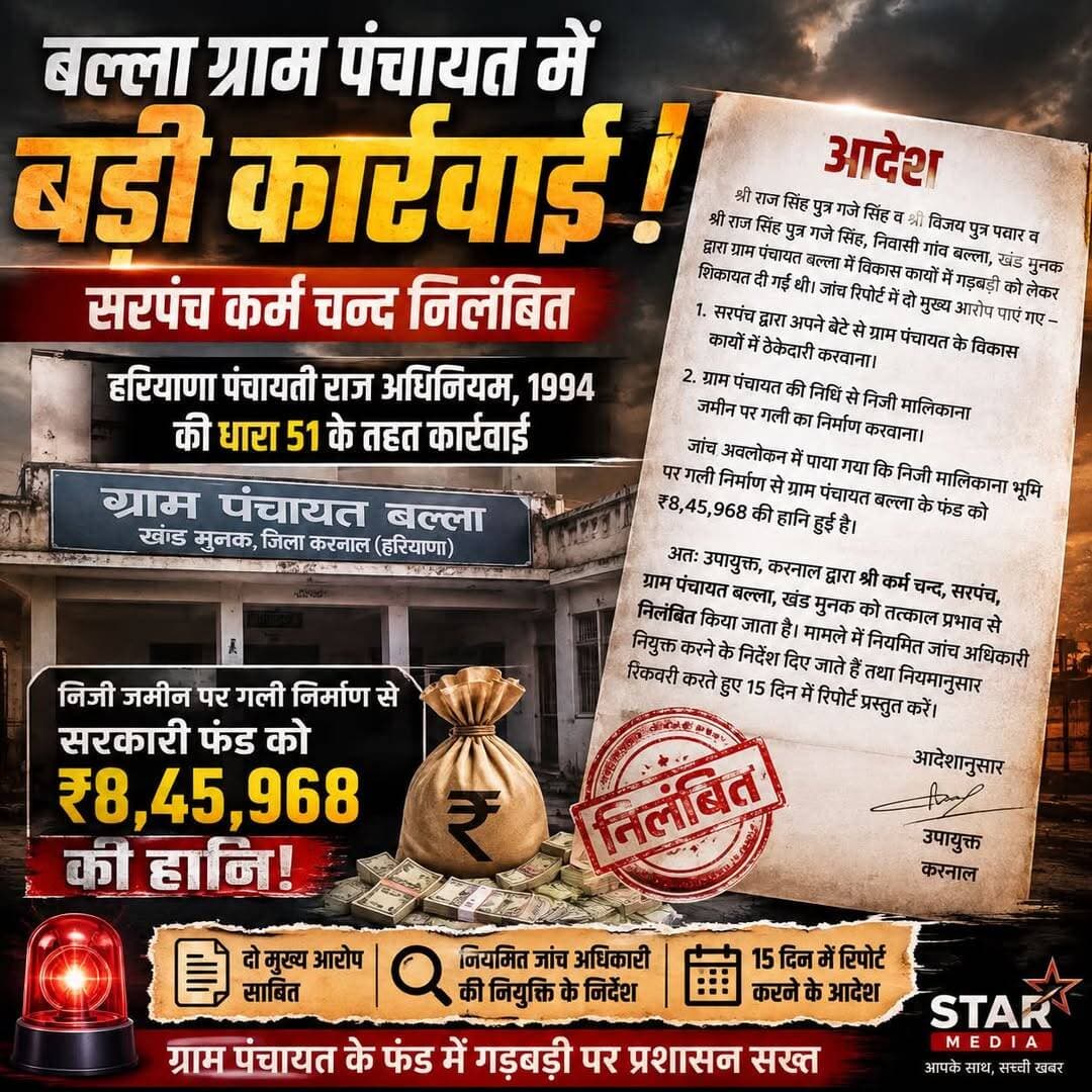बल्ला पंचायत में बड़ा खुलासा! ₹8.45 लाख की हानि, सरपंच कर्म चन्द निलंबित।
<nis:link nis:type=tag nis:id=balla nis:value=Balla nis:enabled=true nis:link/> <nis:link nis:type=tag nis:id=grampanchayat nis:value=GramPanchayat nis:enabled=true nis:link/> <nis:link nis:type=tag nis:id=karnalnews nis:value=KarnalNews nis:enabled=true nis:link/> <nis:link nis:type=tag nis:id=haryananews nis:value=HaryanaNews nis:enabled=true nis:link/> <nis:link nis:type=tag nis:id=starmedia nis:value=STARMedia nis:enabled=true nis:link/>