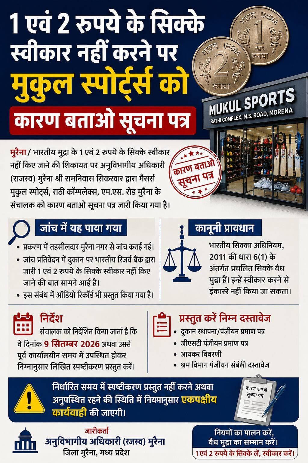 *1 एवं 2 रुपये के सिक्के स्वीकार नहीं करने पर मुकुल स्पोर्ट्स को कारण बताओ सूचना पत्र*
मुरैना/ भारतीय मुद्रा के 1 एवं 2 रुपये के सिक्के स्वीकार नहीं किए जाने की शिकायत पर अनुविभागीय अधिकारी (राजस्व) मुरैना श्री रामनिवास सिकरवार द्वारा मैसर्स मुकुल स्पोर्ट्स, राठी कॉम्पलेक्स, एम.एस. रोड मुरैना के संचालक को कारण बताओ सूचना पत्र जारी किया गया है। प्रकरण में तहसीलदार मुरैना नगर से जांच कराई गई। जांच प्रतिवेदन में दुकान पर भारतीय रिजर्व बैंक द्वारा जारी 1 एवं 2 रुपये के सिक्के स्वीकार नहीं किए जाने की बात सामने आई है। इस संबंध में ऑडियो रिकॉर्ड भी प्रस्तुत किया गया है।
सूचना पत्र में उल्लेख किया गया है कि भारतीय सिक्का अधिनियम, 2011 की धारा 6(1) के अंतर्गत प्रचलित सिक्के वैध मुद्रा हैं। इन्हें स्वीकार करने से इनकार किए जाने के संबंध में संचालक से 9 सितम्बर 2026 अथवा उससे पूर्व कार्यालयीन समय में उपस्थित होकर लिखित स्पष्टीकरण प्रस्तुत करने के निर्देश दिए गए हैं। संचालक को दुकान स्थापना/पंजीयन, जीएसटी पंजीयन, आयकर विवरणी एवं श्रम विभाग पंजीयन संबंधी दस्तावेज भी प्रस्तुत करने के निर्देश दिए गए हैं। निर्धारित समय में स्पष्टीकरण प्रस्तुत नहीं करने अथवा अनुपस्थित रहने की स्थिति में नियमानुसार एकपक्षीय कार्रवाई की जाएगी।