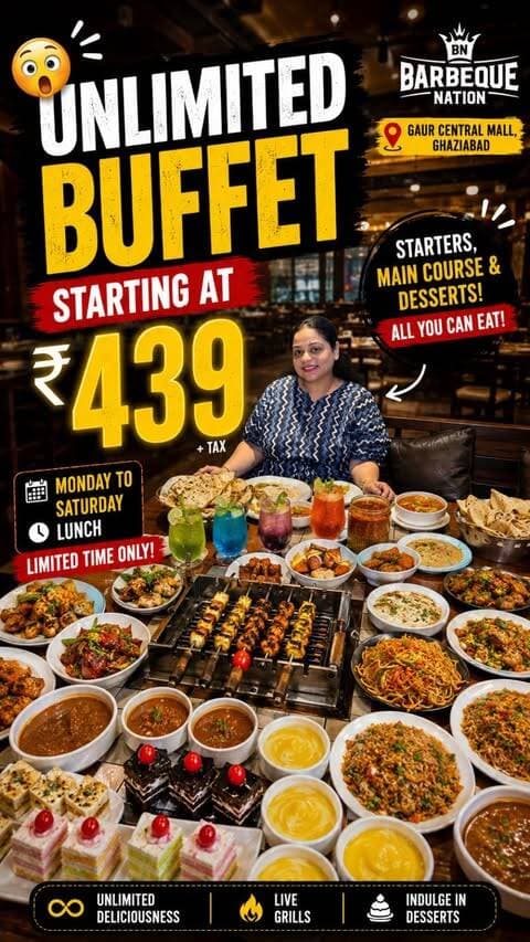 Get ready for a culinary delight! Our The Big Buffet Special Menu is here at Barbeque Nation, Ghaziabad Gaur Central Mall ! Unlimited starters, main course, and desserts starting at at just ₹439+ tax. Don’t miss out! Book now!🩷🫶
.
Applicable - Monday to Saturday Lunch.
.
Call - 8448091160 / 8448091161 / 08069028781
https://bit.ly/visitusatBarbequeNation-Appetite
#barbequenation #reelkarofeelkaro #explorepage #buffet #ghaziabadfoodie